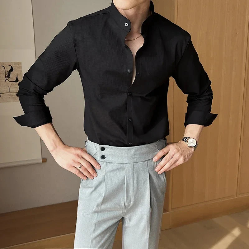 Herren-Slim-Fit-Langarm-Hemd mit Stehkragen