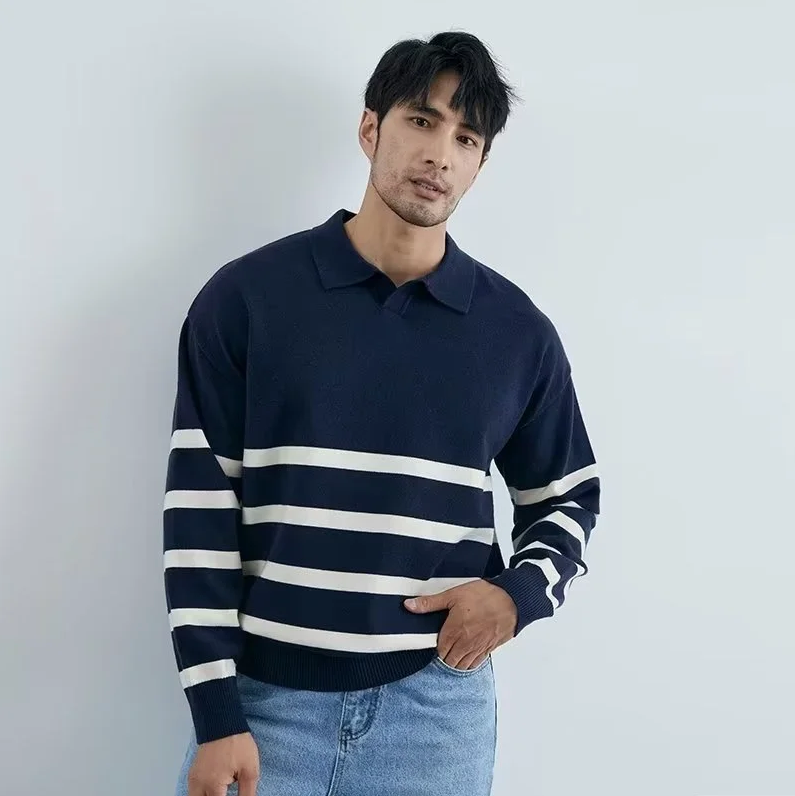 Jesse - Gestreifter strickpullover mit kragen für herren