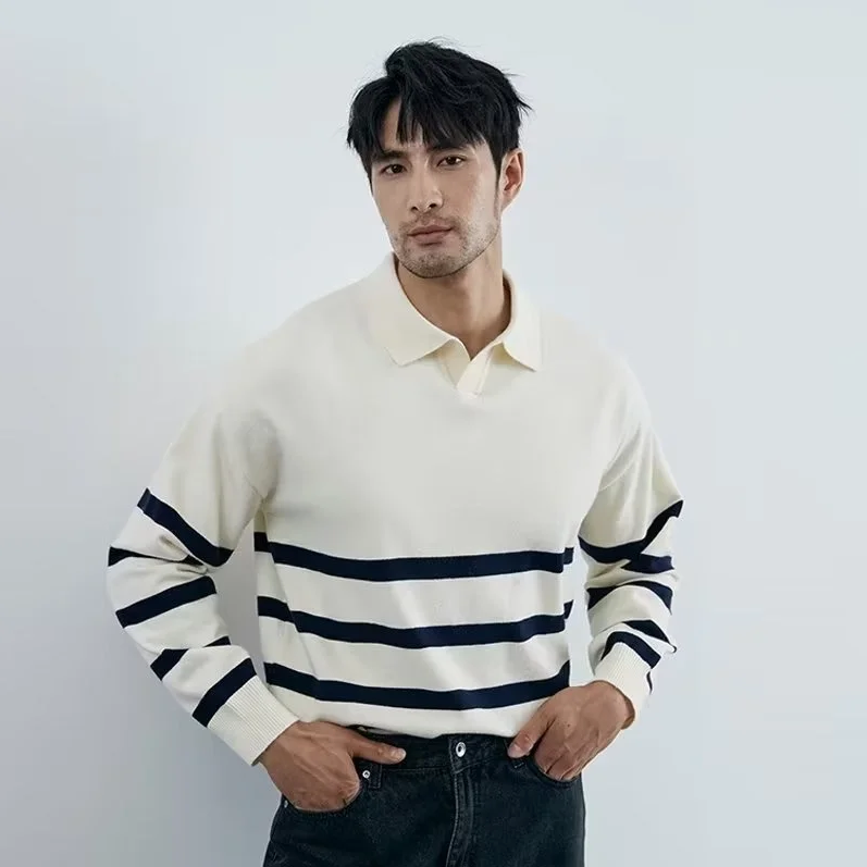 Jesse - Gestreifter strickpullover mit kragen für herren