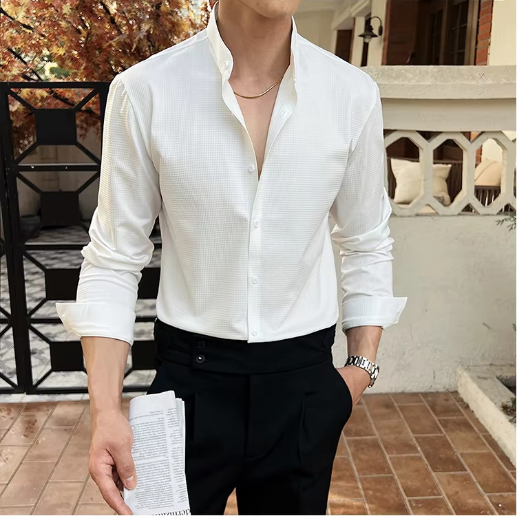 Herren-Slim-Fit-Langarm-Hemd mit Stehkragen