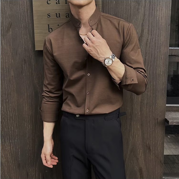Herren-Slim-Fit-Langarm-Hemd mit Stehkragen