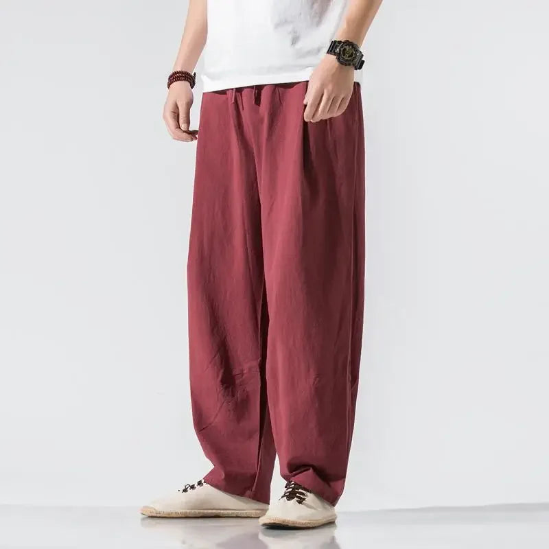 Herren-Leinenhose mit weitem Bein und Kordelzug in der Taille