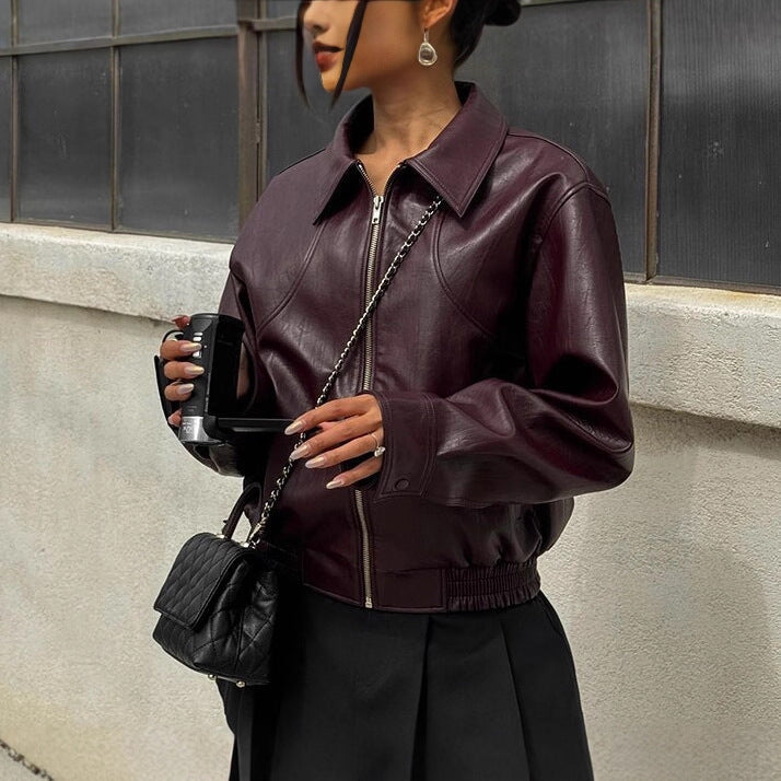 Sportliche Faux-Lederjacke für Damen mit elastischen Bündchen