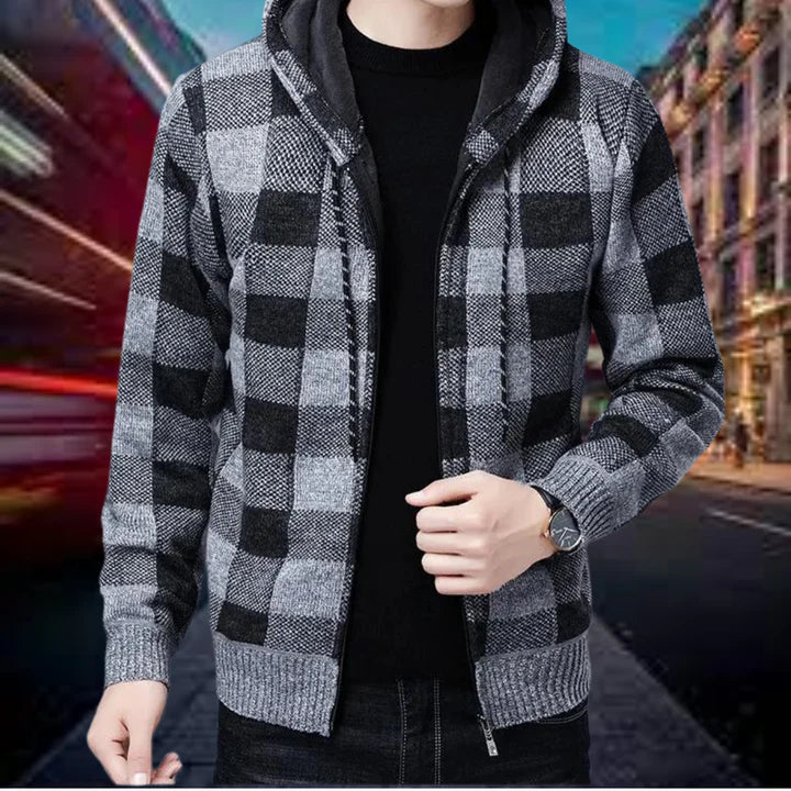 Ares - Hochwertige strickjacke mit karierter kapuze für herren
