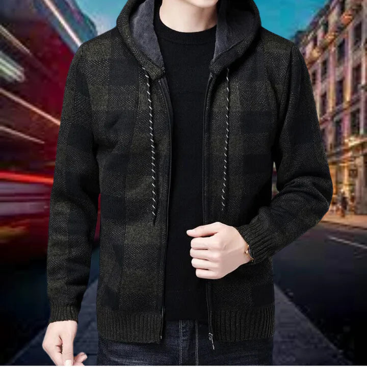 Ares - Hochwertige strickjacke mit karierter kapuze für herren