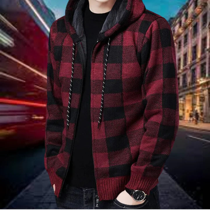 Ares - Hochwertige strickjacke mit karierter kapuze für herren