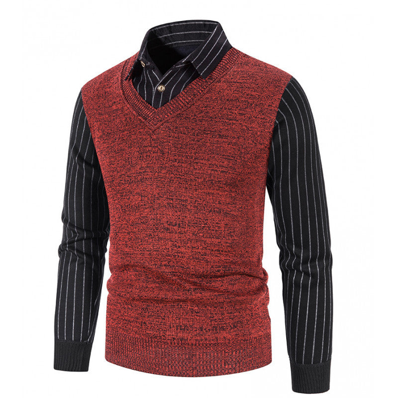 V-Ausschnitt Strickpullover für Herren mit Kontrast-Ärmeln