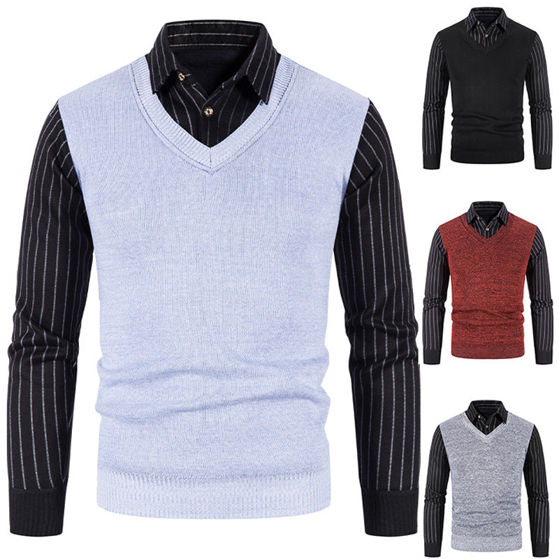 V-Ausschnitt Strickpullover für Herren mit Kontrast-Ärmeln