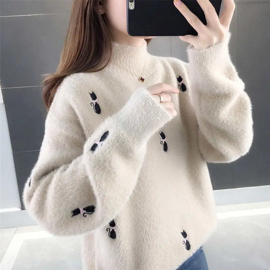 Reyna - Kitty Gemütlicher Rollkragenpullover Mit Katzenmotiv