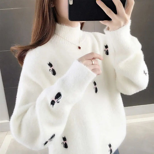 Reyna - Kitty Gemütlicher Rollkragenpullover Mit Katzenmotiv