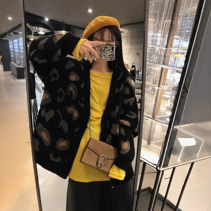 Leopardenmuster Strick-Cardigan mit Taschen für Damen