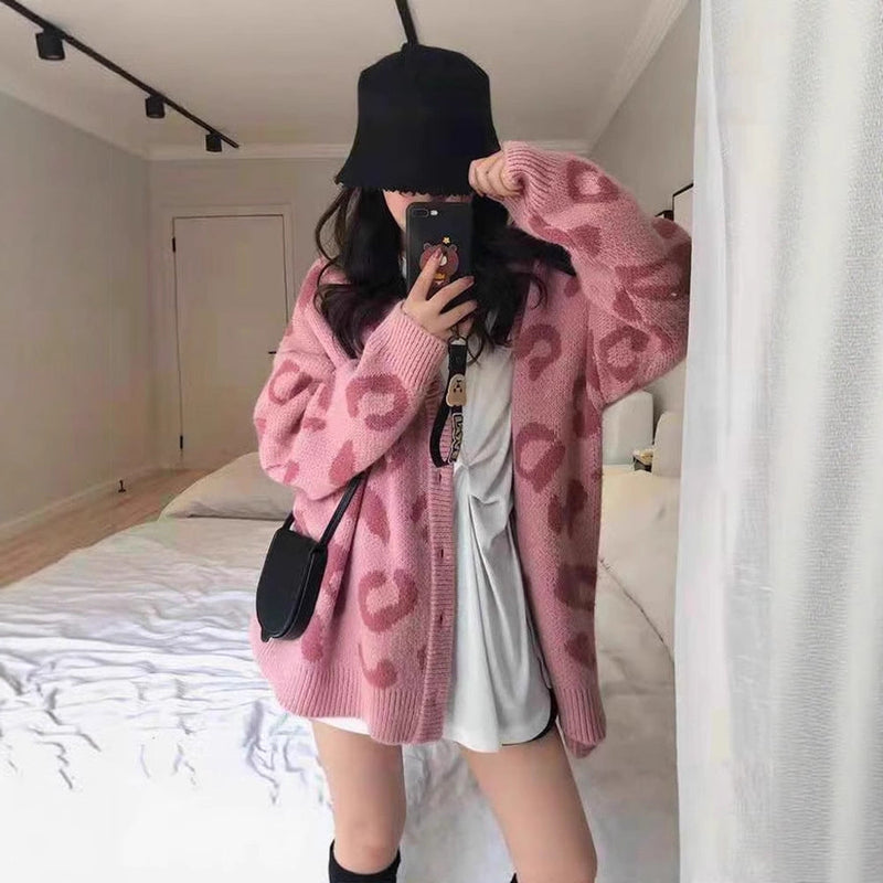 Leopardenmuster Strick-Cardigan mit Taschen für Damen