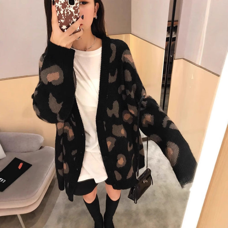 Leopardenmuster Strick-Cardigan mit Taschen für Damen