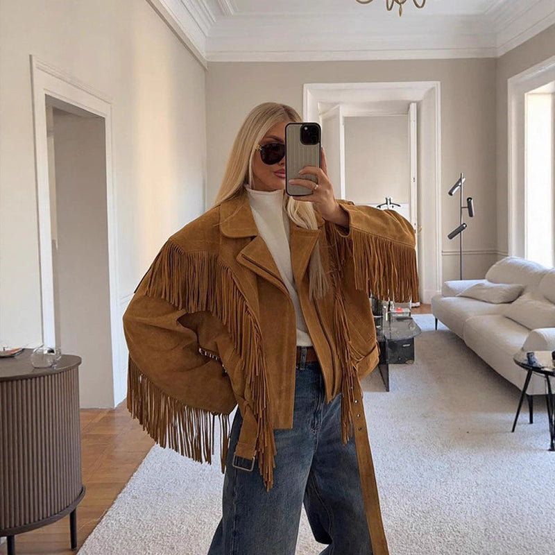 Wildleder-Fransenjacke mit klassischem Schnitt für Damen