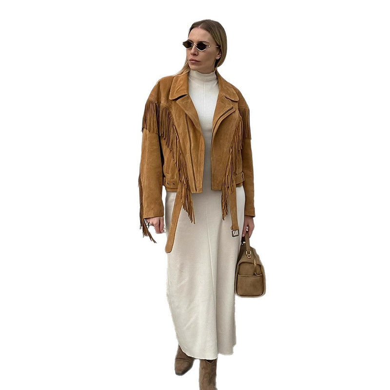 Wildleder-Fransenjacke mit klassischem Schnitt für Damen
