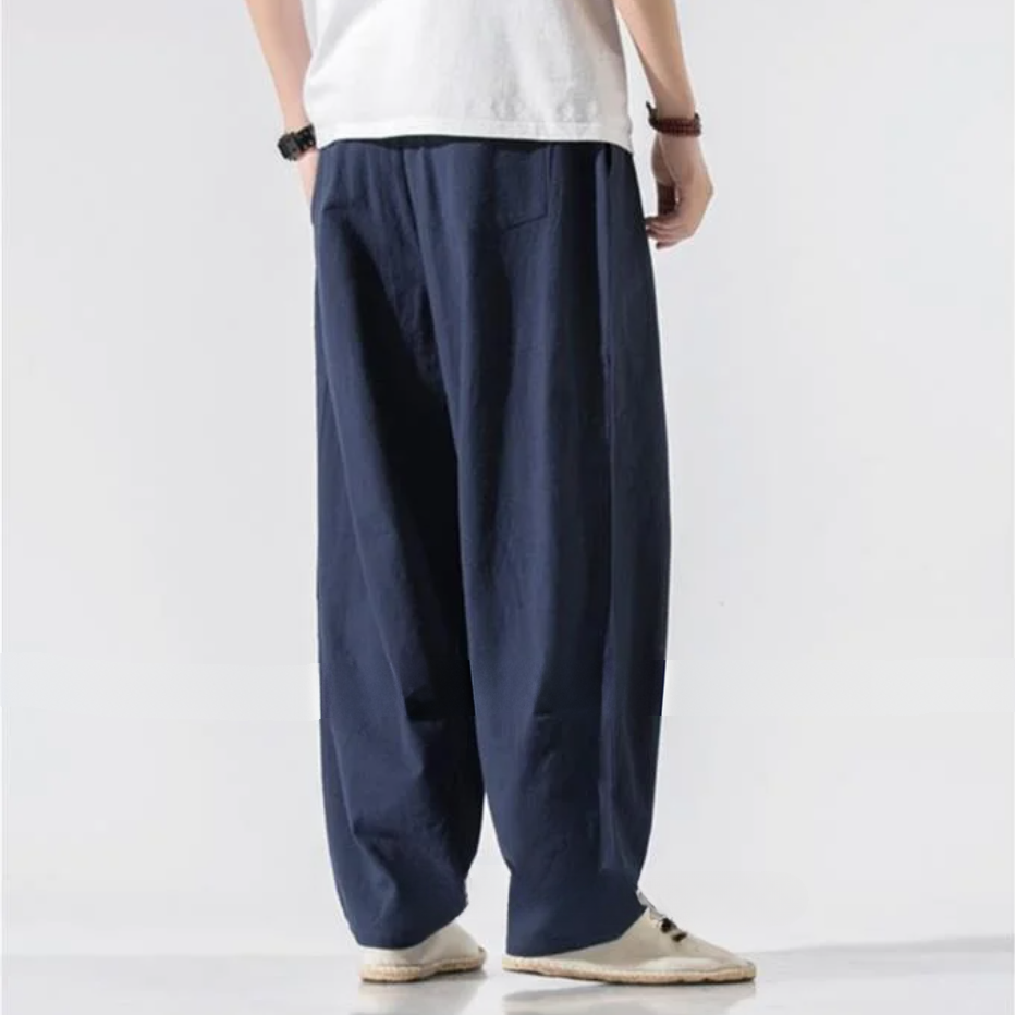 Herren-Leinenhose mit weitem Bein und Kordelzug in der Taille