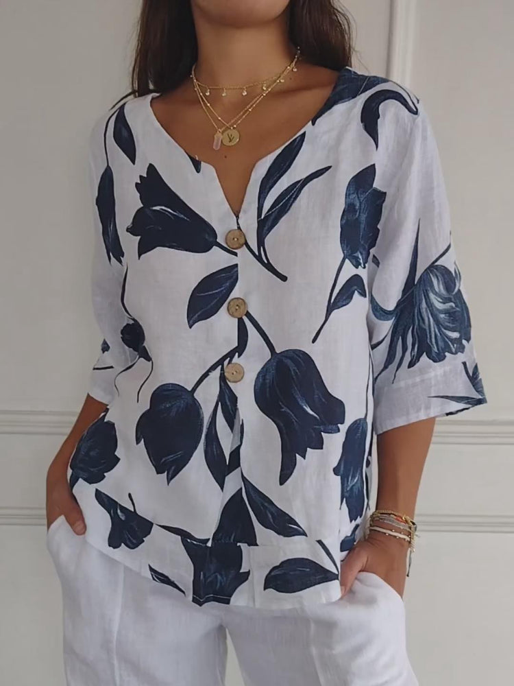 Marlene - Blumendruck Bluse mit V-Ausschnitt