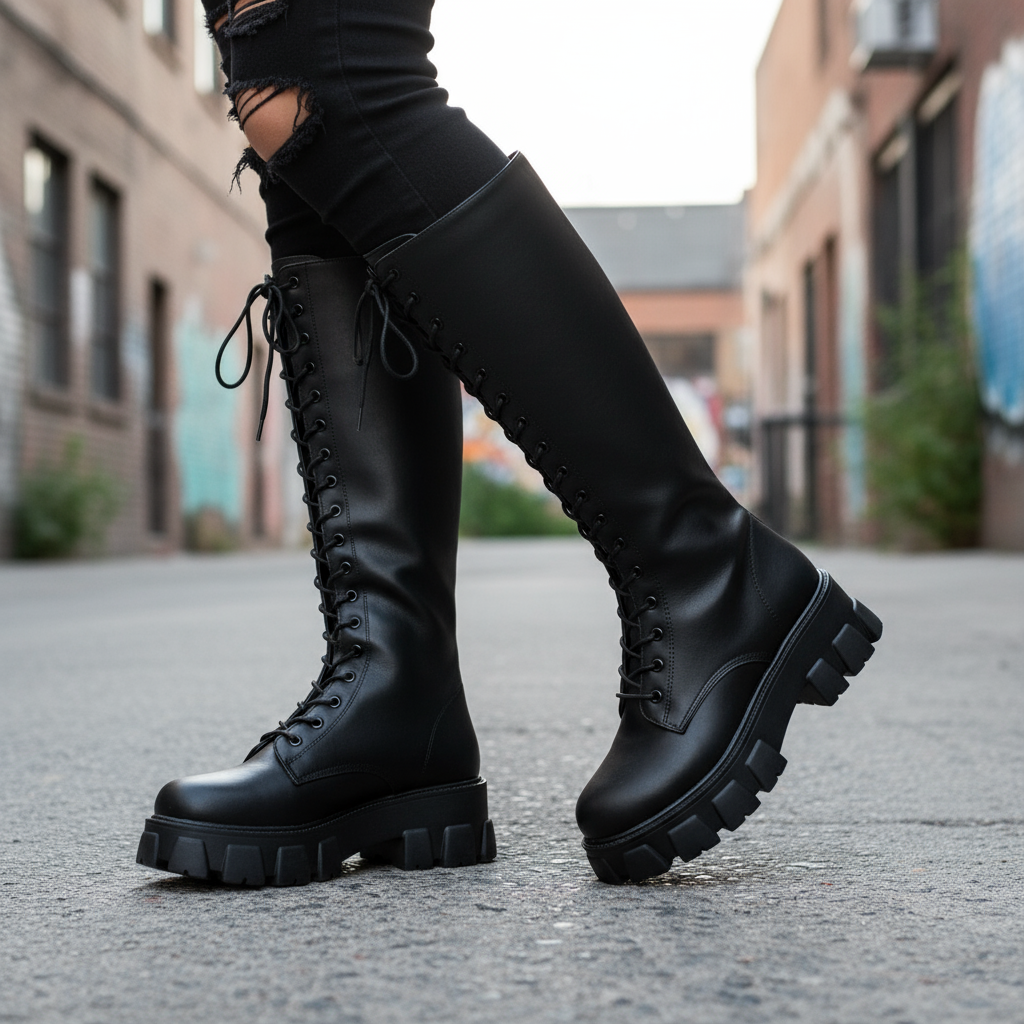 Damen Schnürstiefel Kniehoch – Chunky Plateau & Bequeme Laufsohle